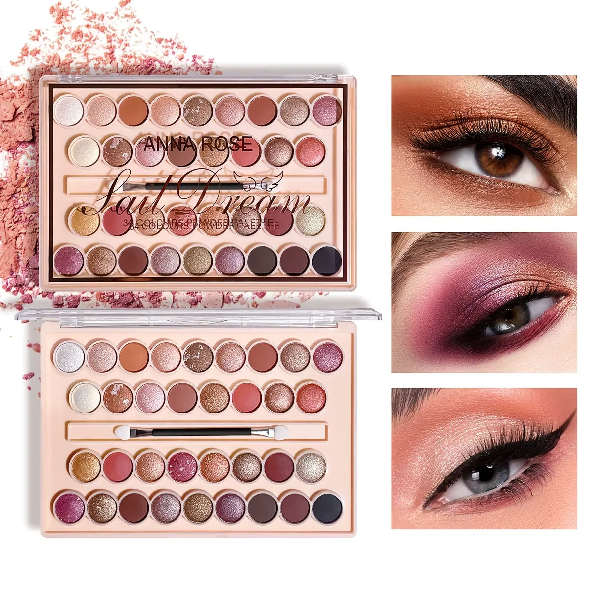 34-Color Eyeshadow Palette with Brush-High Pigment Matte & Shimmer Waterproof