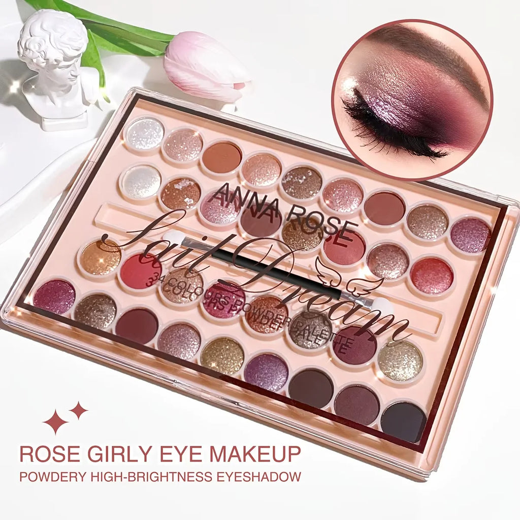 34-Color Eyeshadow Palette with Brush-High Pigment Matte & Shimmer Waterproof