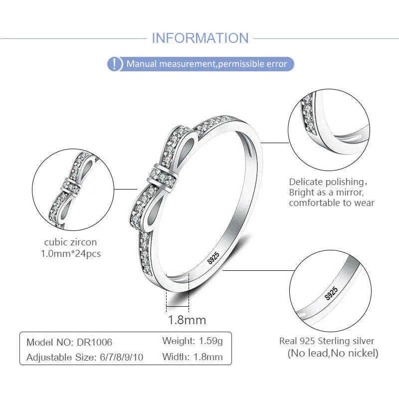 Cute 925 Sterling Silver Bowknot Women Ring  High Quality Silver 925 Zircon Ring