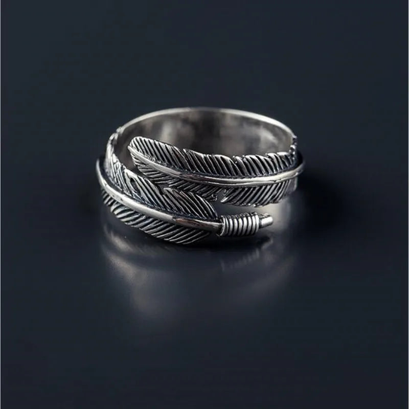 Retro High-quality 925 Sterling Silver Jewelry Thai Silver Not Allergic Personality Feathers Arrow Opening Rings