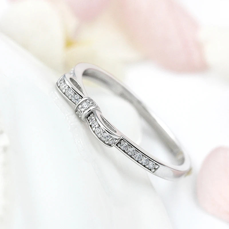 Cute 925 Sterling Silver Bowknot Women Ring  High Quality Silver 925 Zircon Ring