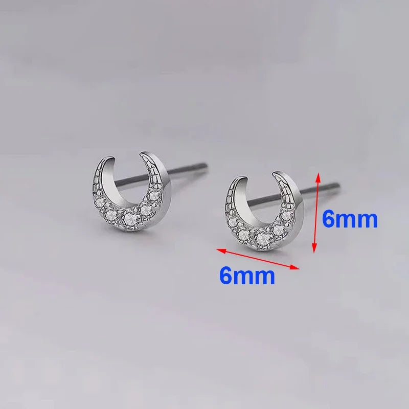 Real 925 Sterling Silver Zircon Moon Mini Stud Earrings For Women Classic Fine Jewelry