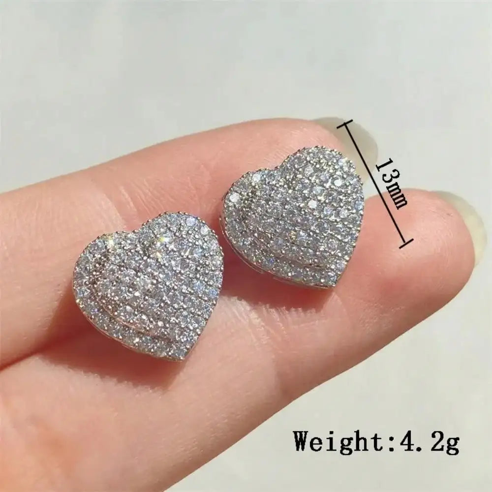 Full Paved Zircon Puffy Heart Stud Earrings Two Tone Gold Silver Plated