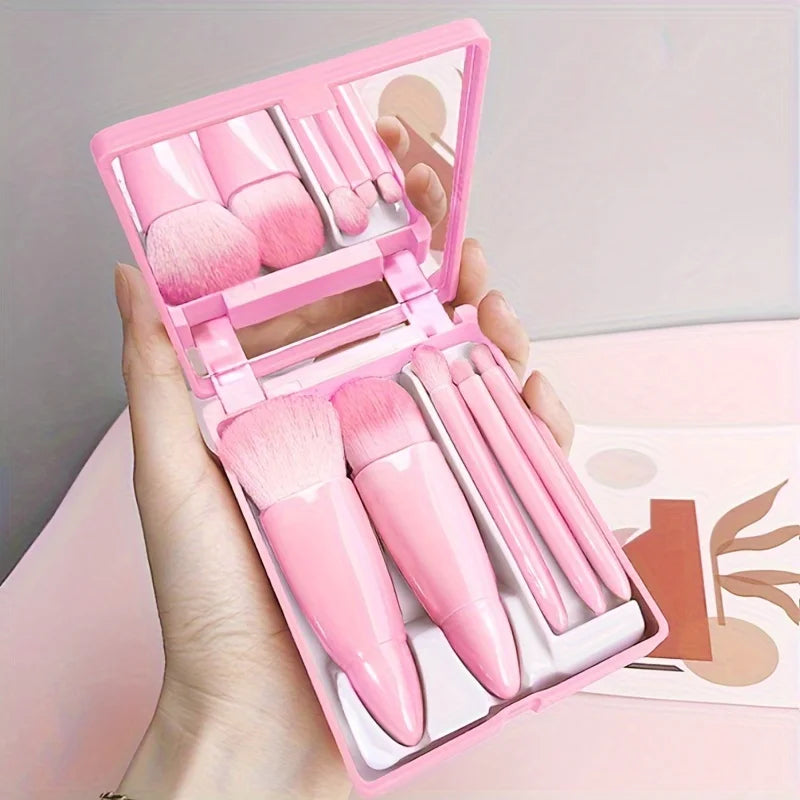 5Pcs Portable Makeup Brush Set With Mirror -  Foldable Travel Kit ，Mini Makeup Brush Set