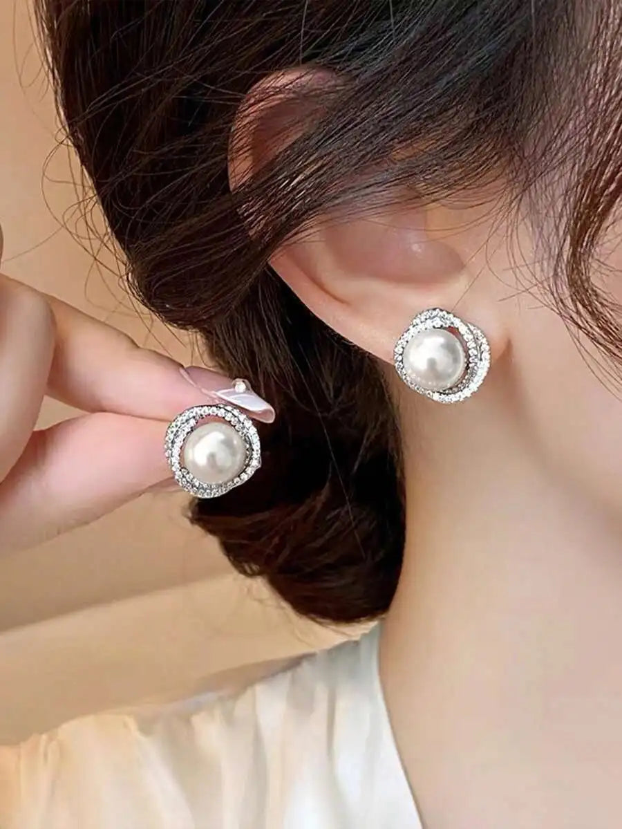 1 Pair Fashion Faux Pearl Earrings, Women's Platinum Flower Earrings, Crystal Jewelry