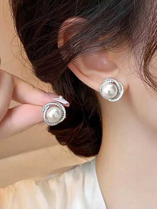 1 Pair Fashion Faux Pearl Earrings, Women's Platinum Flower Earrings, Crystal Jewelry