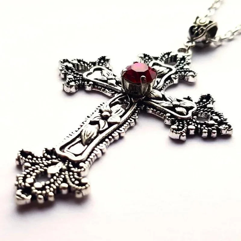 Punk Crystal Big Cross Pendant Necklaces for Women Men Gothic Irregular Cross Clavicle Chain Necklaces