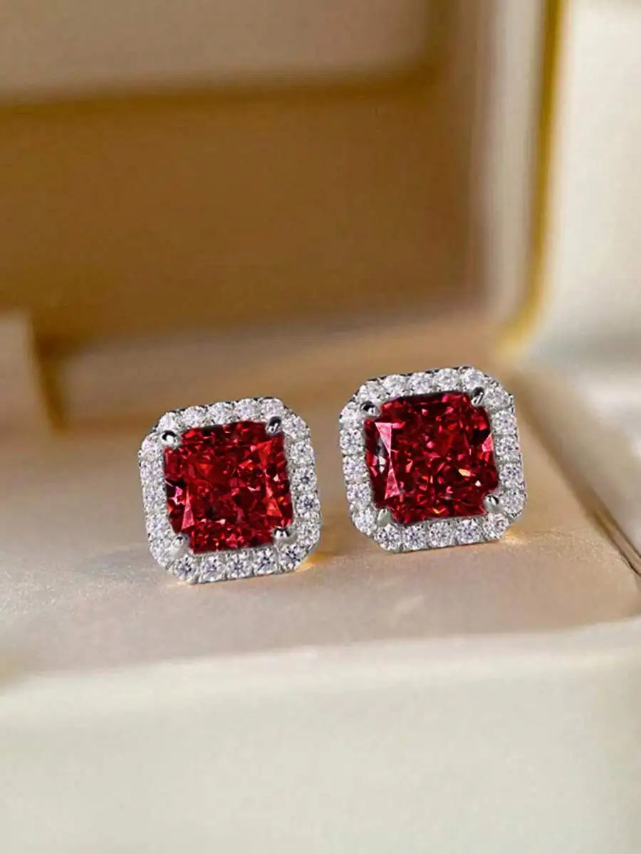 Square Cut Pink Cubic Zirconia Halo Stud Earrings For Women