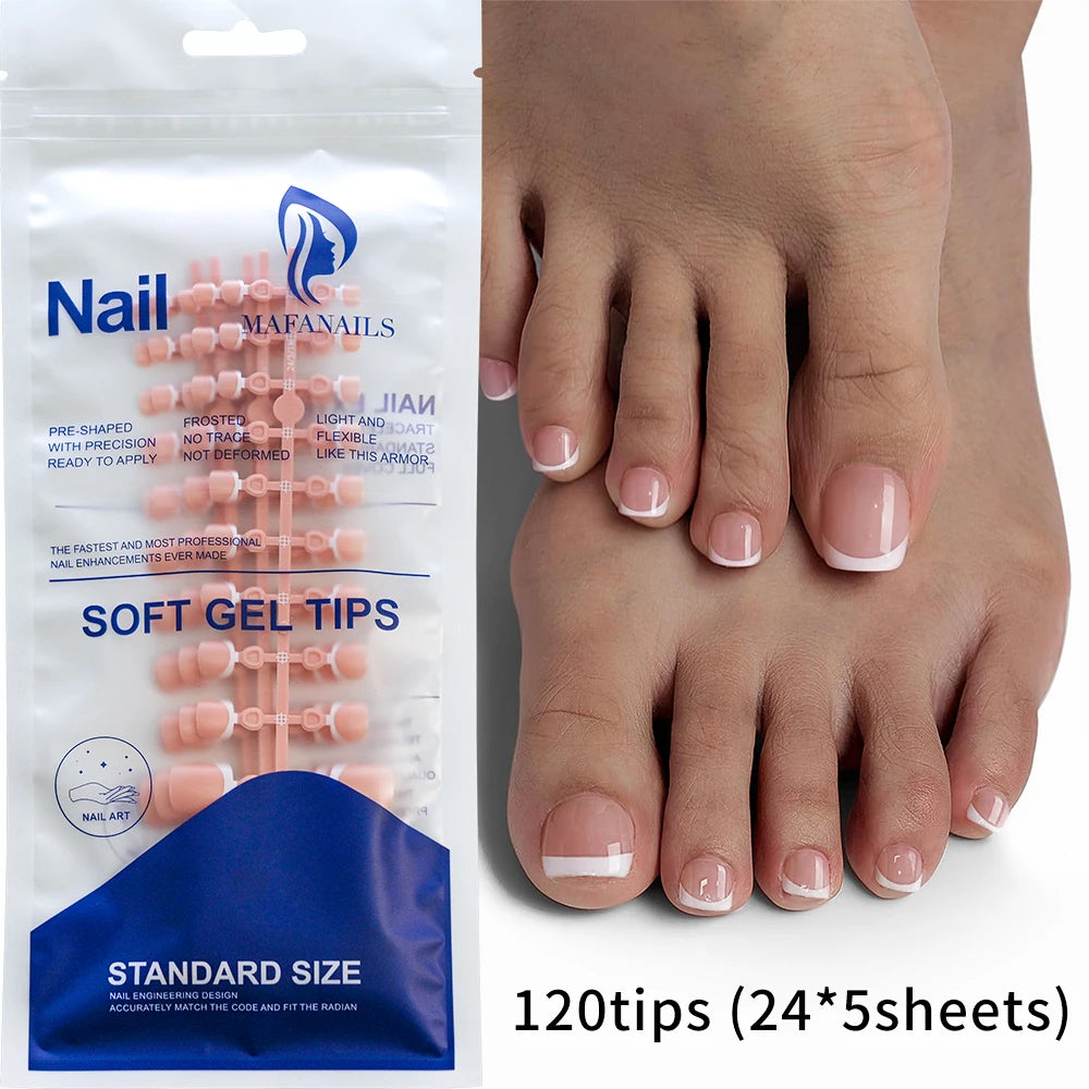 120Pcs Glossy Nude Pink French Press-On-Toenail Set 1*Box Short French Square  Fake Toe Nails Solid