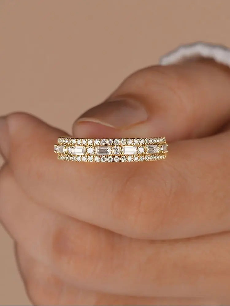 925 Sterling Silver Golden Simpe Rectangular Round Zircon Ring For Women