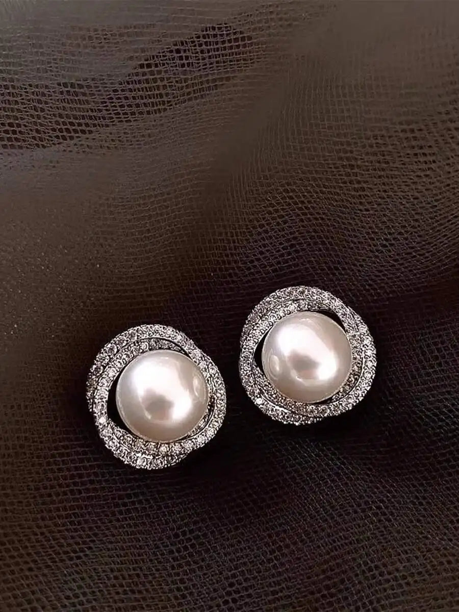 1 Pair Fashion Faux Pearl Earrings, Women's Platinum Flower Earrings, Crystal Jewelry