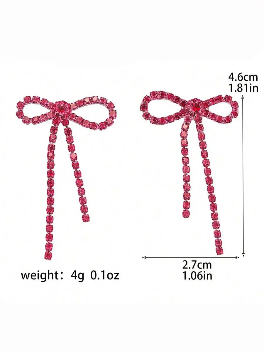 Elegant Bow Tassel Drop Earrings With Pink Crystal For Women