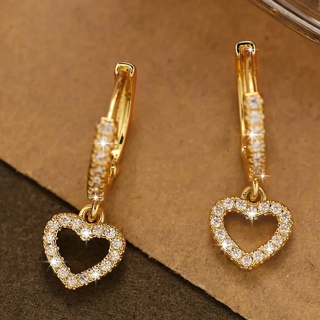 Gorgeous Heart Pendant Tassel Earrings with Full Sparkling Zirconia, Simple Style