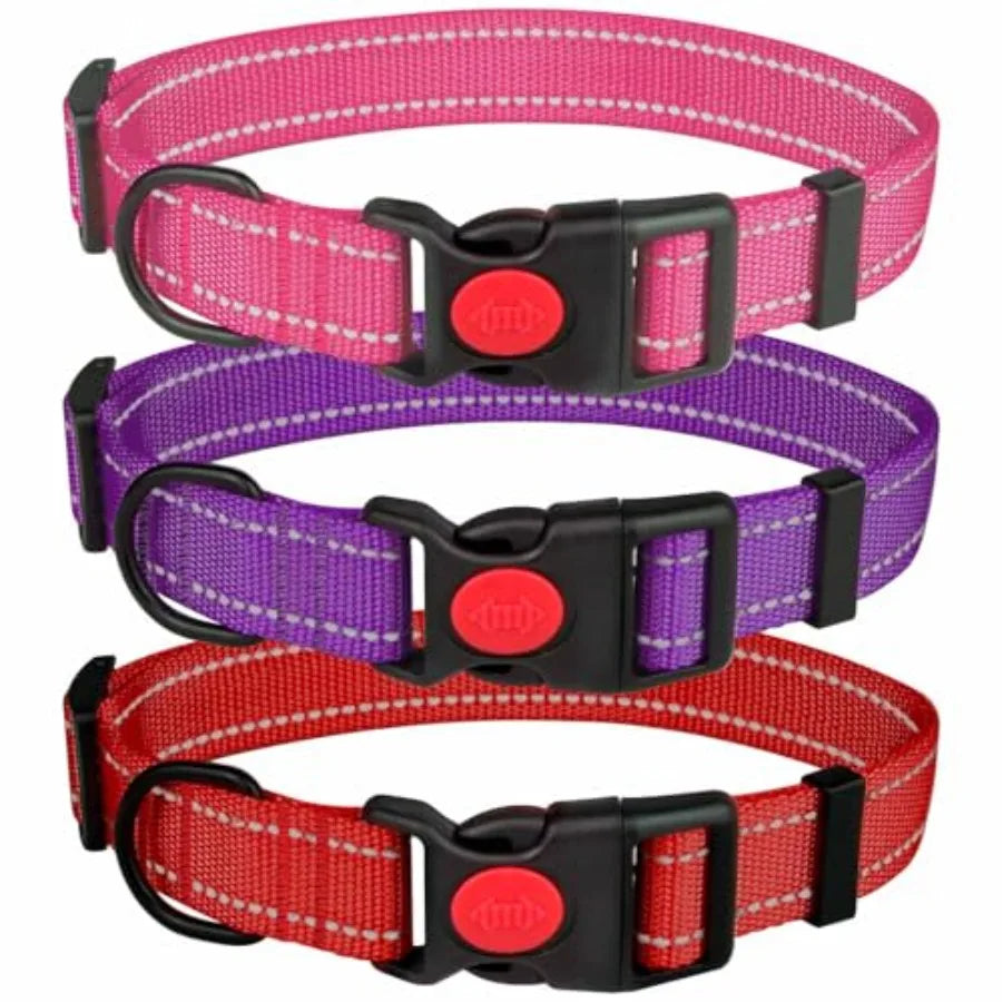 3 PCS Dog Collars for Small Dogs, Reflective Dog Collar Adjustable Soft Nylon with Safety Locking Buckle