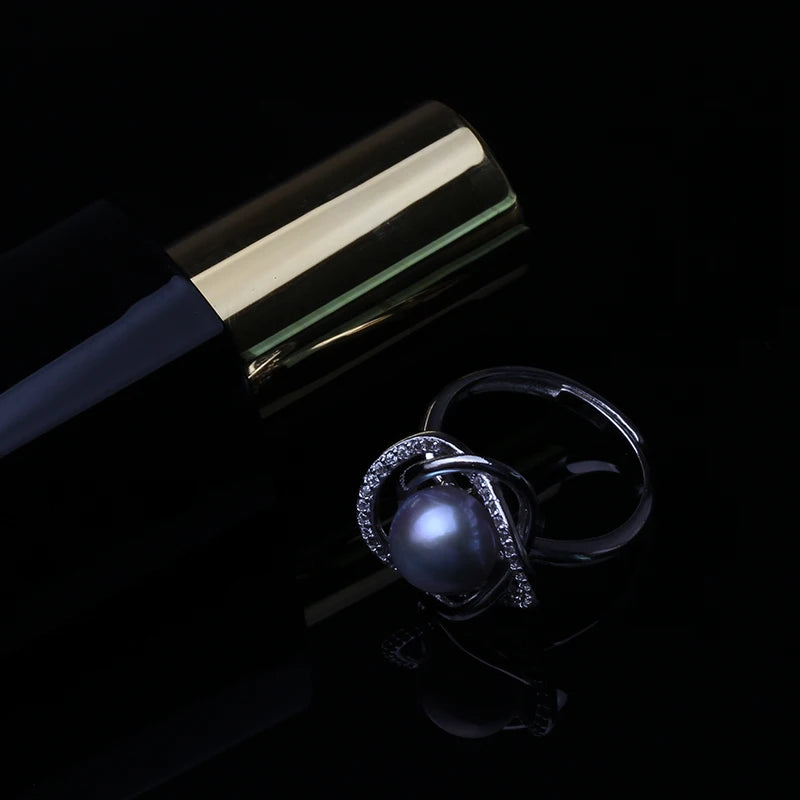 925 Silver Adjustable White Natural Freshwater Black Pearl Ring for Women, Cultured Natural Pearl Ring