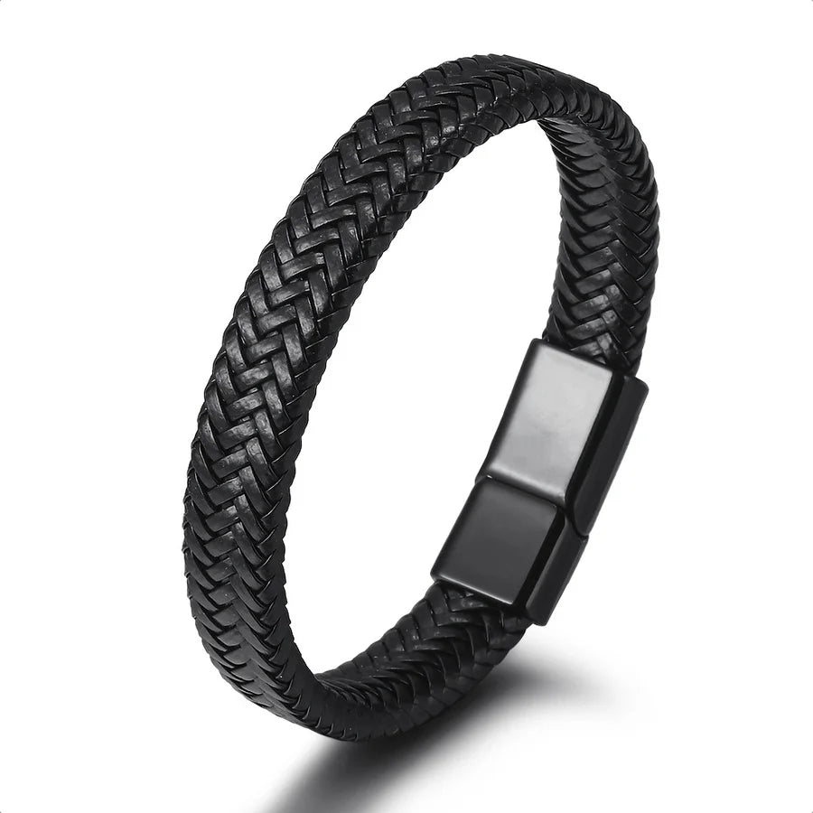 Charm Black Woven Faux Leather Bracelet for Men Fashion Bracelets Metal Magnetic Buckle Bead
