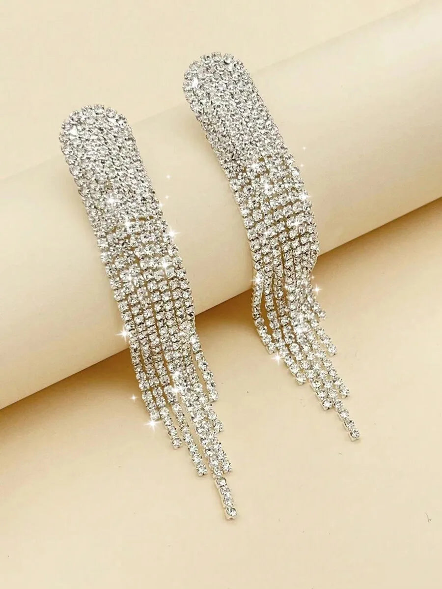 Womens Tassel Drop Earrings With White Zirconia, Mid-Length, Shiny Fashion Jewelry