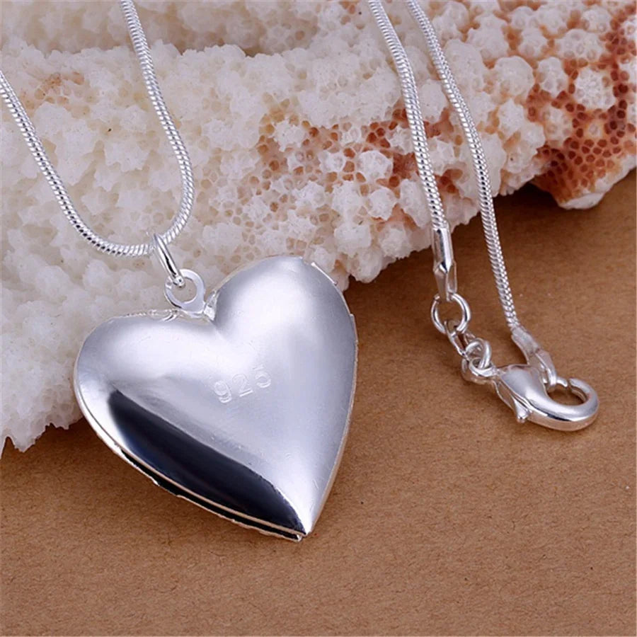 925 Sterling Silver Photo Frame Pendant Necklace 18/20/22/24 Inch Snake Chain For Woman