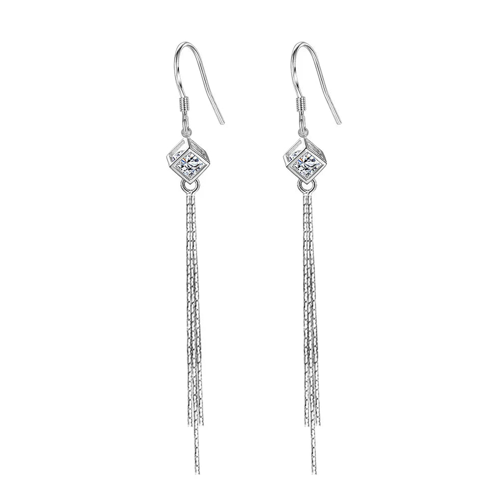 Pure 925 Silver Long Chain Hollow Square Box Crystal Zircon Earrings