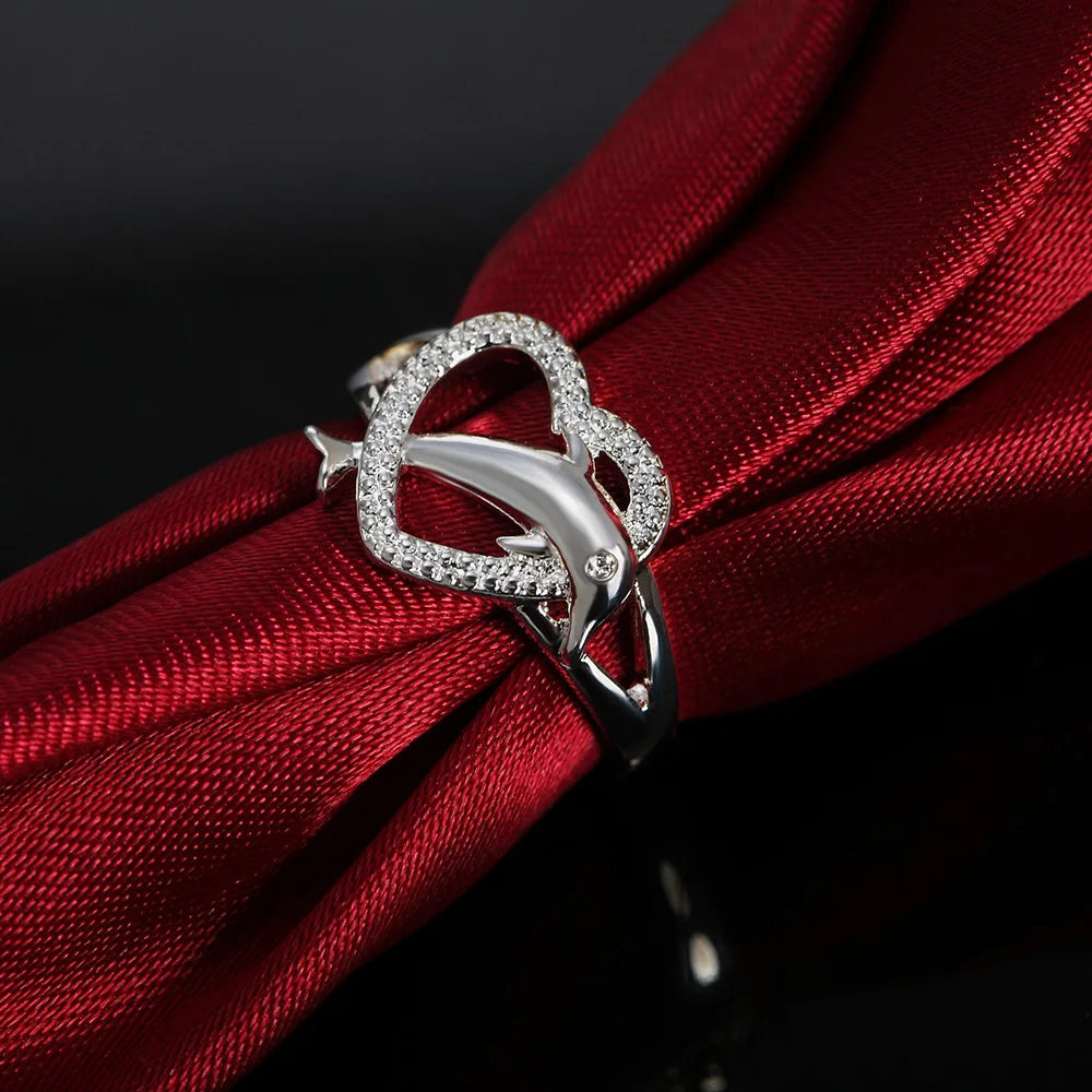 High Quality 925 Sterling Silver Fine Dolphins Heart Rings For Women