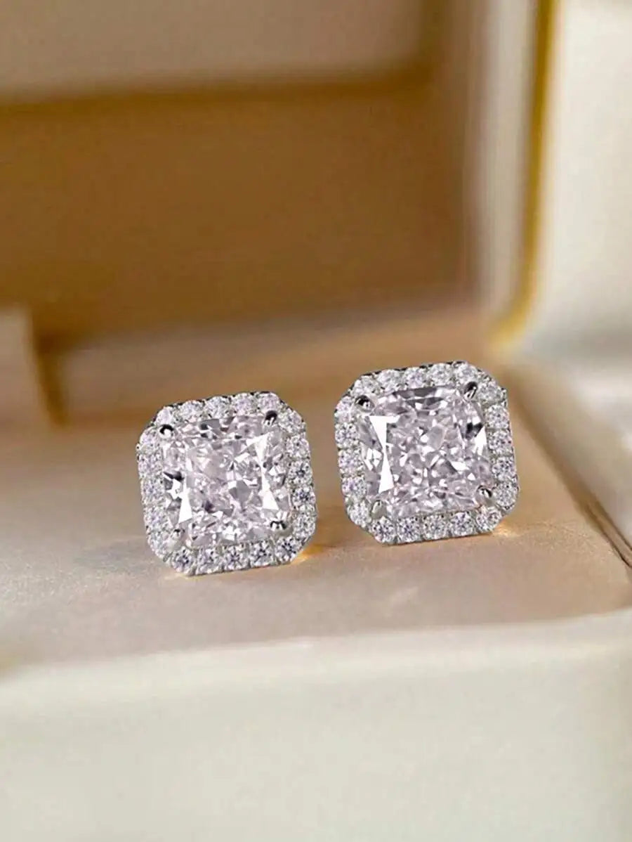 Square Cut Pink Cubic Zirconia Halo Stud Earrings For Women