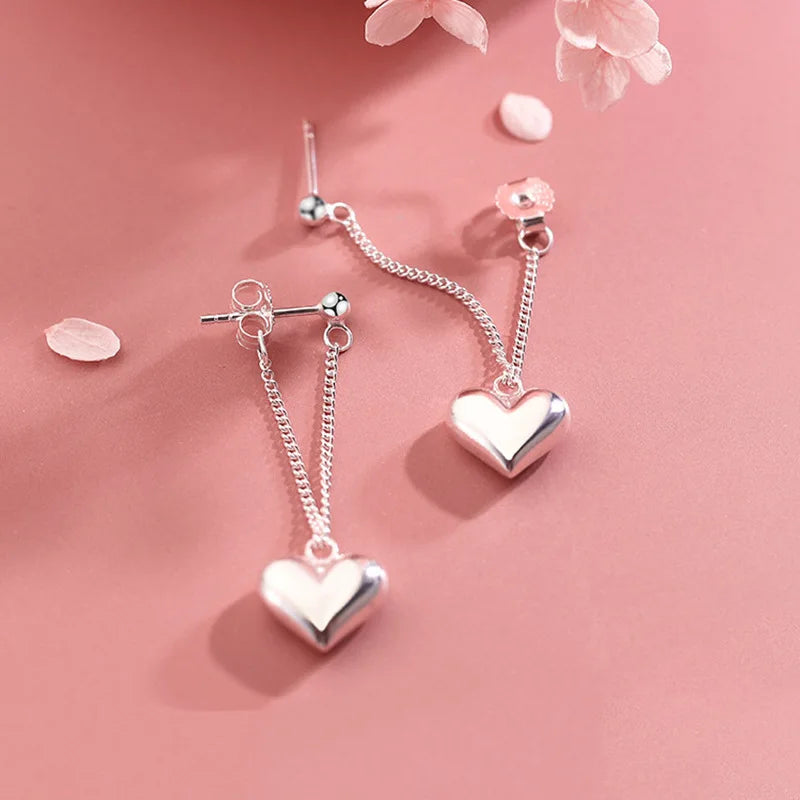 Silver Needle Earrings for Women Smooth Heart Chain Tassel Earrings