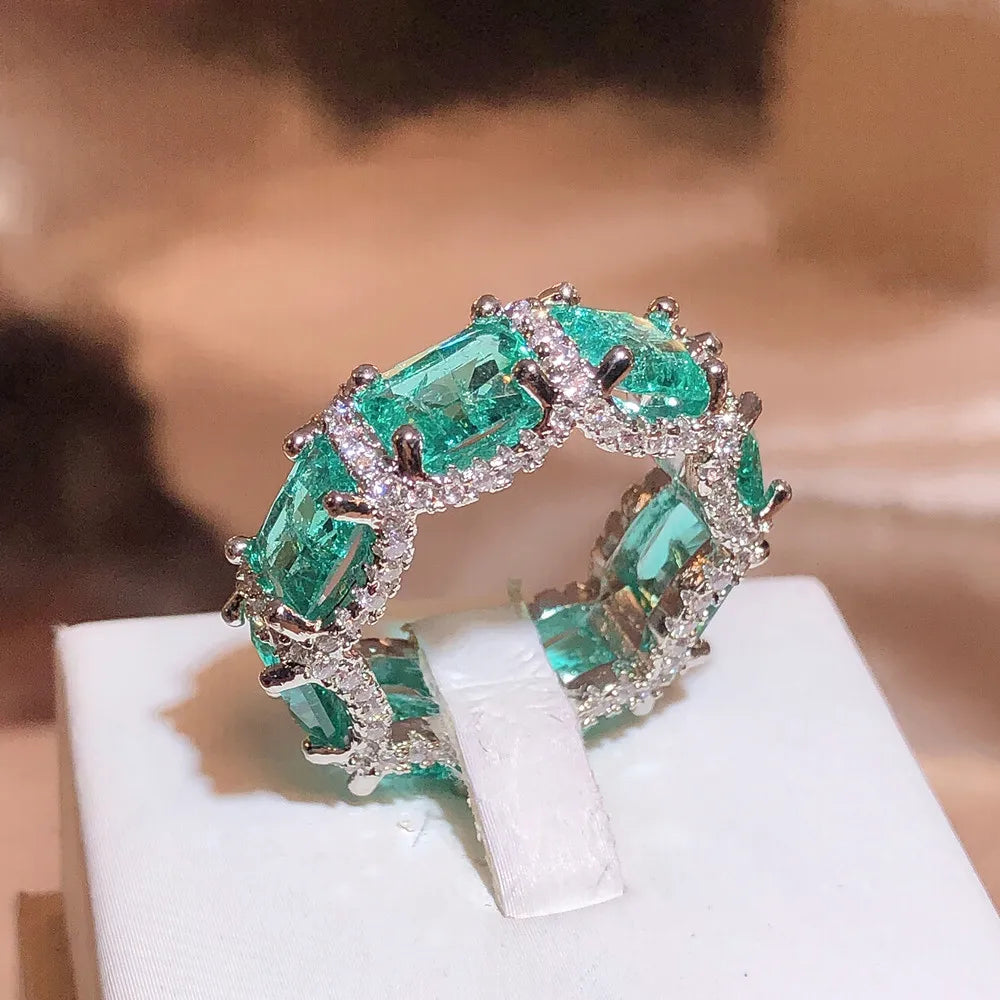 925 Silver Plated Exquisite Blue Green Moissanite Ring Fire Sparkling Luxury Open Ring