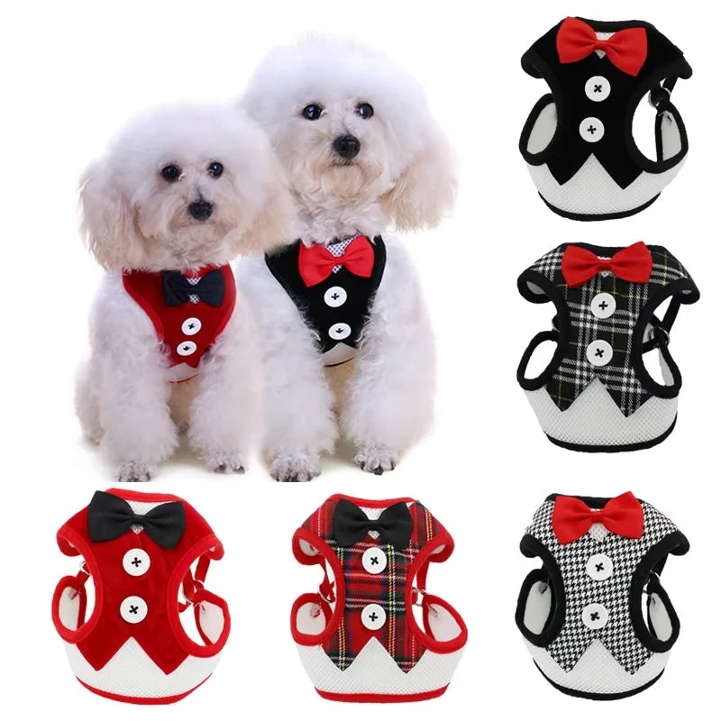 Elegant Bowtie Dog Harness Vest with Leash Adjustable Cat Harness Leash Set Cute Bowknot Tuxedo