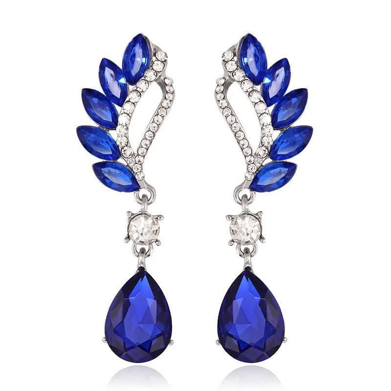 Fashion Jewelry Ladies Blue White Water Drop Shaped Crystal Rhinestone Zircon Metal Dangle Earring for Women