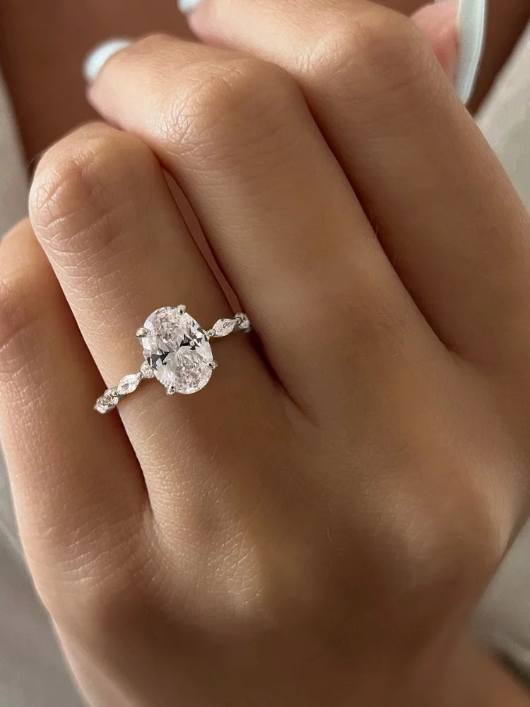 925 Sterling Silver Zircon Elliptical Horse Eye Fashionable Ring For Women