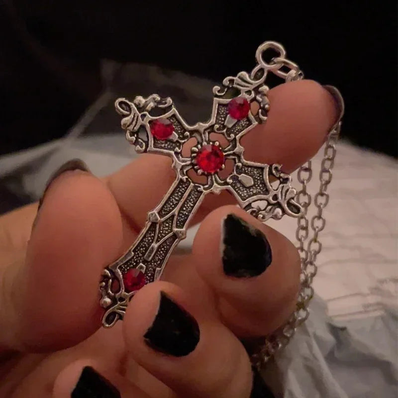 Punk Crystal Big Cross Pendant Necklaces for Women Men Gothic Irregular Cross Clavicle Chain Necklaces