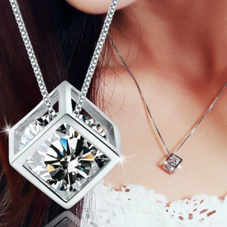 3D Hollow Square Cubic Zirconia Pendant Necklace for Women, Silver Plated Thin Snake Chain
