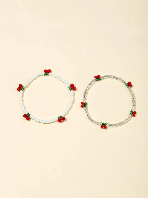 2pcs cherry-themed beaded bracelet with decorative charm
