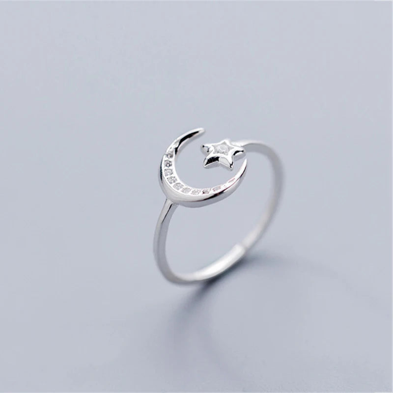 Real 925 Sterling Silver Minimalist Zircon Moon Star Opening Ring For Women