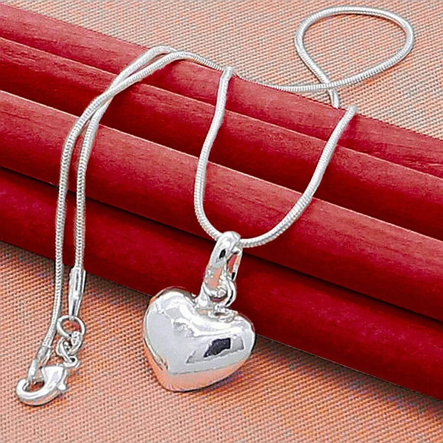 Charm Silver Solid Small Heart Pendant Necklace 16-30 Inch Snake Chain For Women