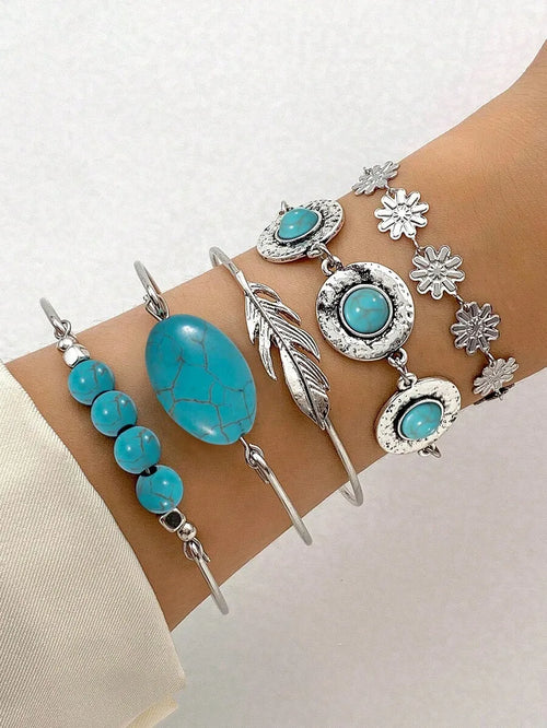 5pcs Turquoise Stone Bohemian Style Bracelet Set For Women Casual Fashion Jewelry