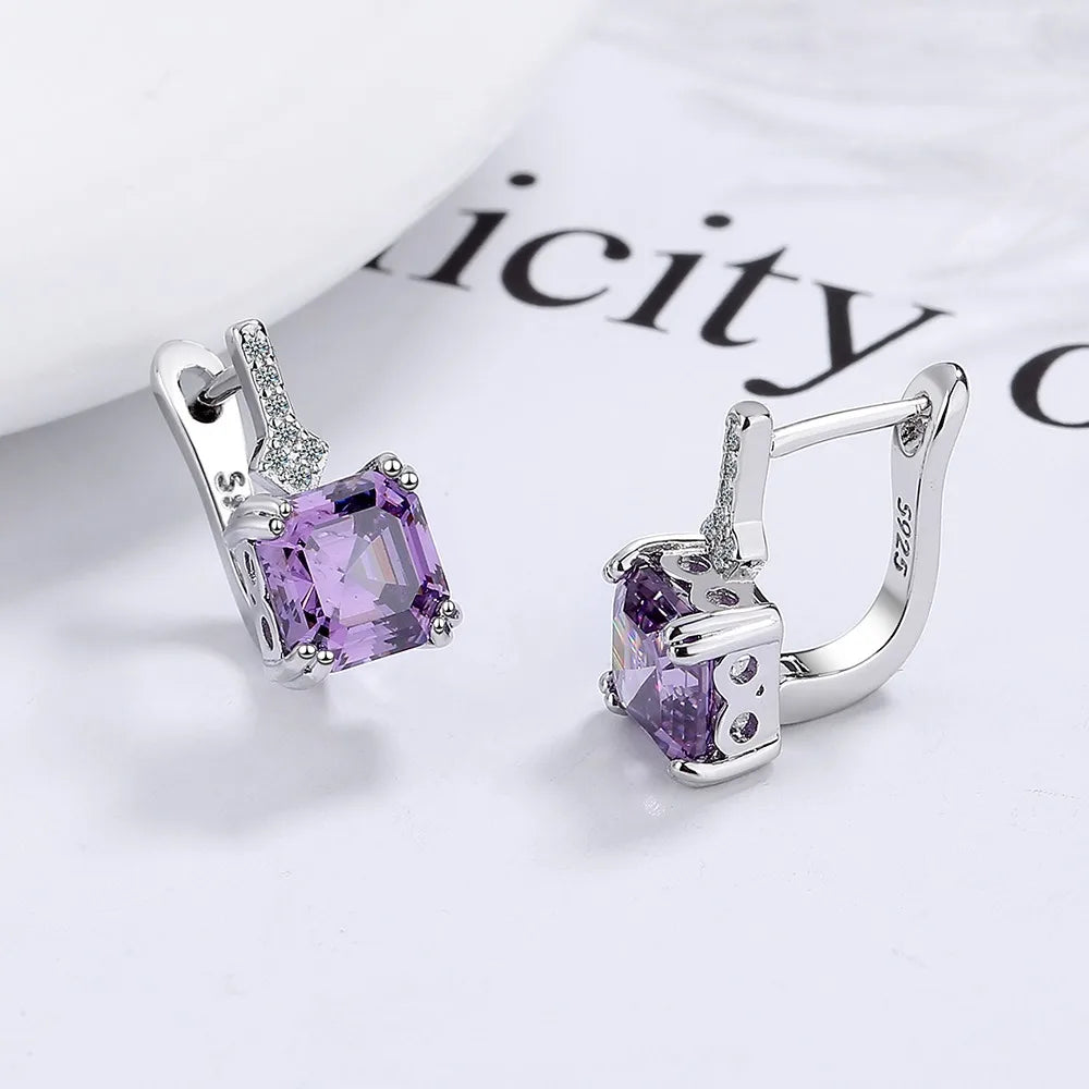 Silver Color Square Zircon Earrings for Women 925 Silver Needle Ear Buckles Earring