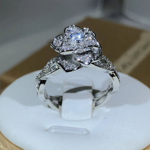 925 Sterling Silver InterTwined Three-Dimensional Rose Ring White Zircon