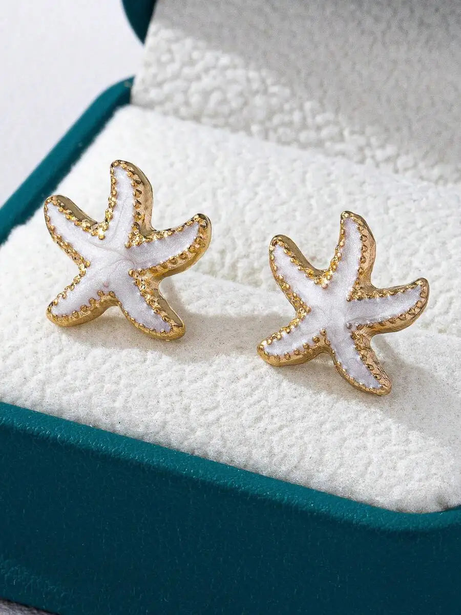 Beautiful Pink Enamel Starfish Stud Earrings With Gold-Tone Alloy Frame For Women