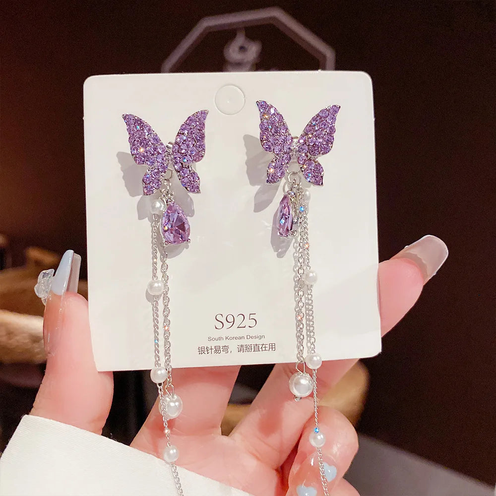 Purpule Rhinestone Butterfly Tassel Earrings for Women Imitation Pearl Beads Pendants
