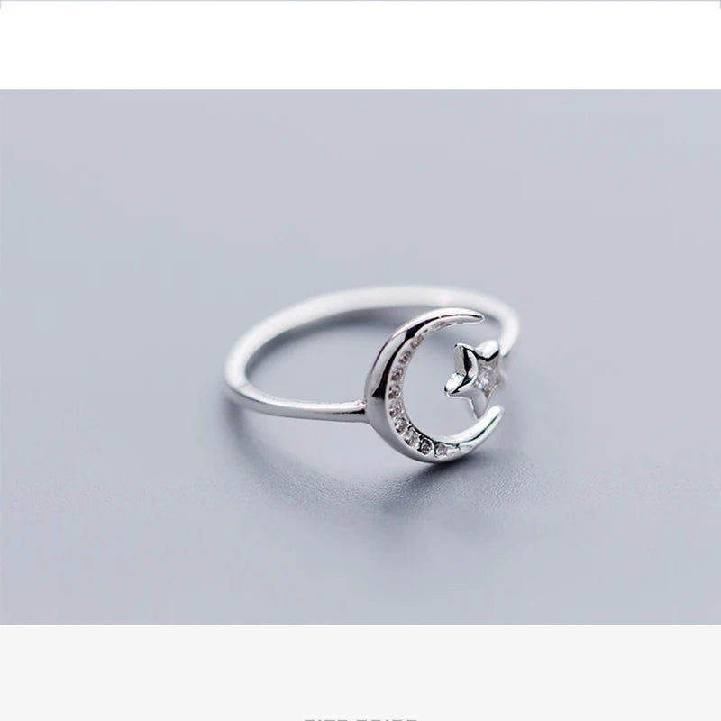 Real 925 Sterling Silver Minimalist Zircon Moon Star Opening Ring For Women