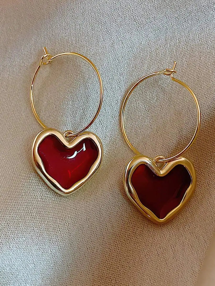 Retro Elegant Alloy Burgundy Heart Rhinestone Drop Earrings For Women