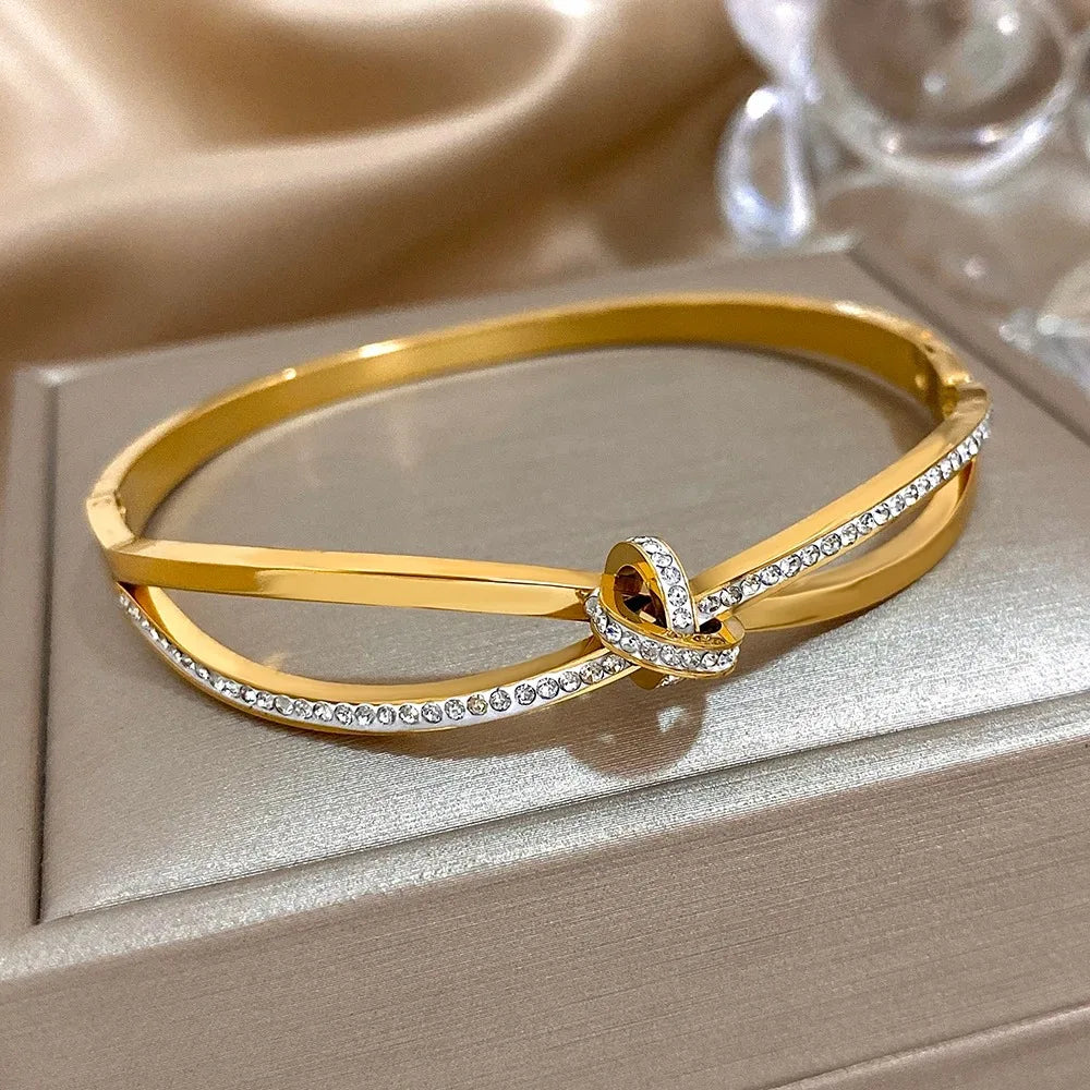 Stainless Steel Bracelet, Trendy with Rhinestone Inlaid Knot Bangles Bracelets for Women