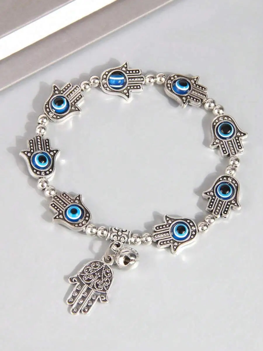 Hamsa Palm And Evil Eye Beaded Charm Bracelet For Women