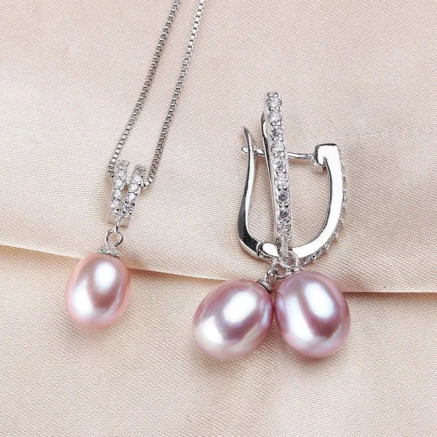 Luxury 8-9mm Rice Freshwater Pearl Earrings and Necklaces Jewelry Set for Women 925 Sterling Silver 45cm Pendant Necklace