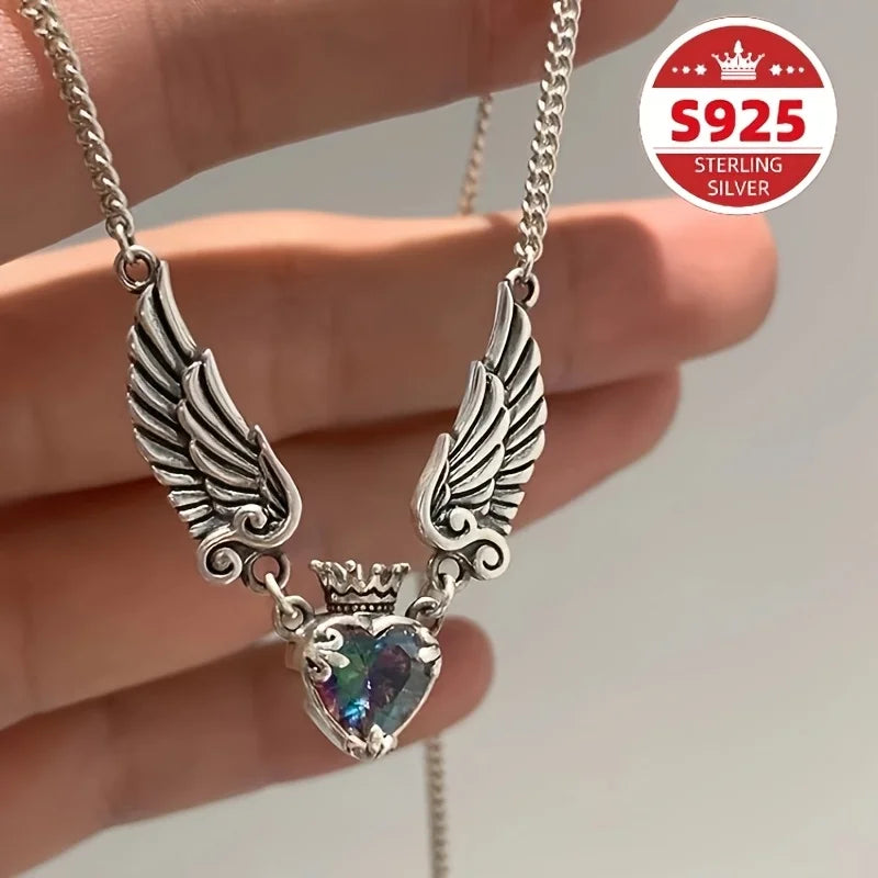 Beautiful S925 sterling silver retro old love crown wing necklace