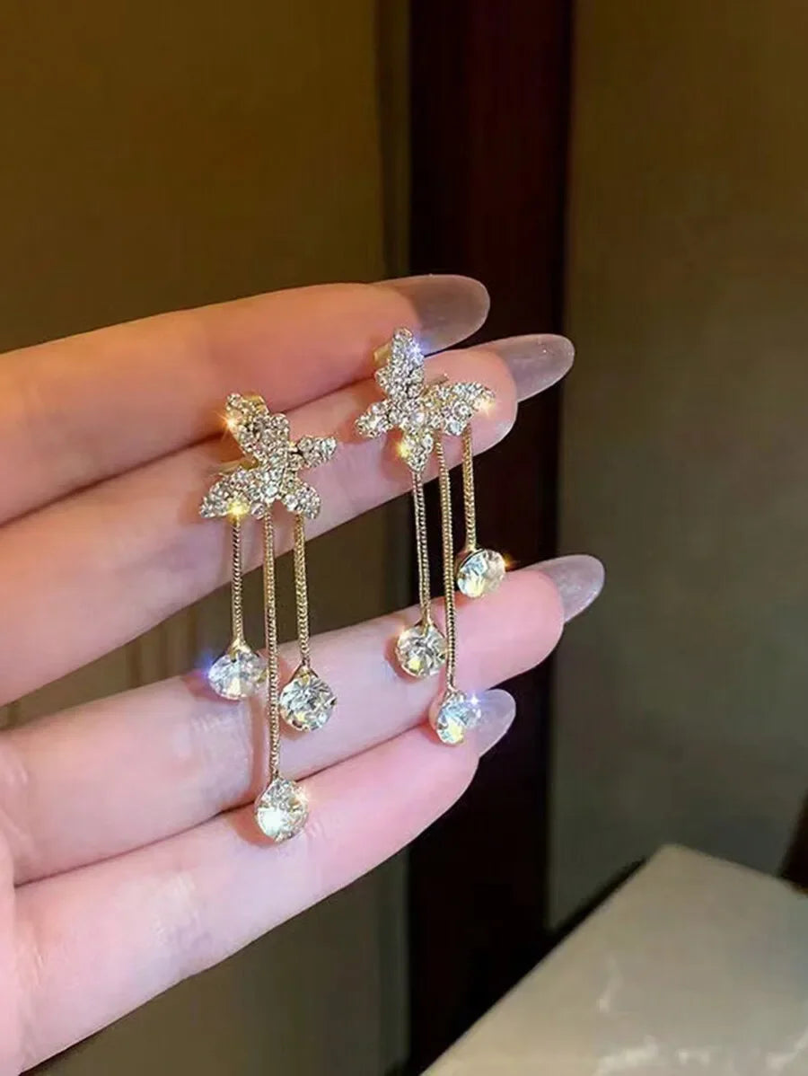Sparkly Butterfly Drop Earrings With Crystal Tassels For Women