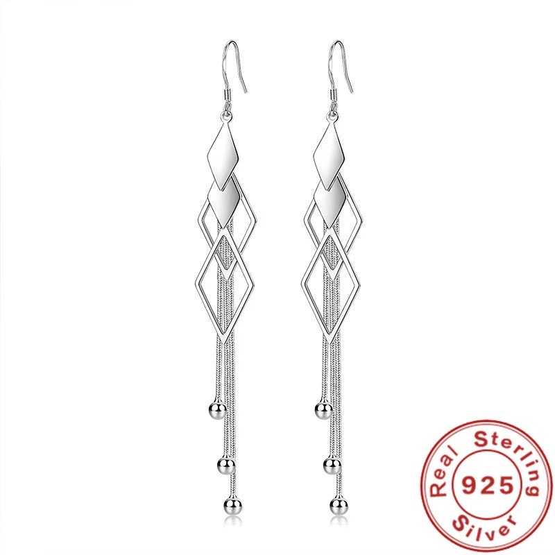 Fashion 925 Sterling Silver Long Earrings Diamond-Shaped