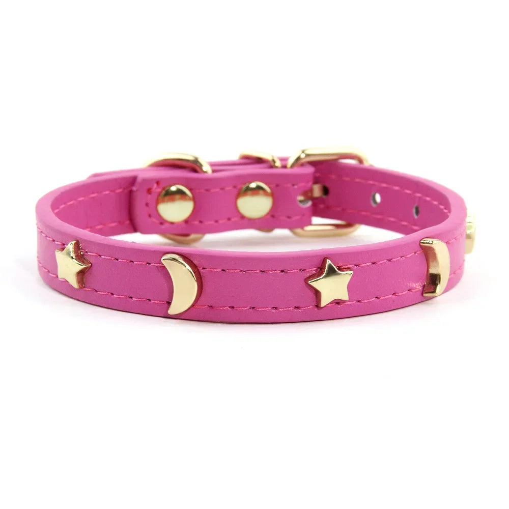 Pet Collar Rivet Star Moon Decor Small Dog Kitten PU Leather