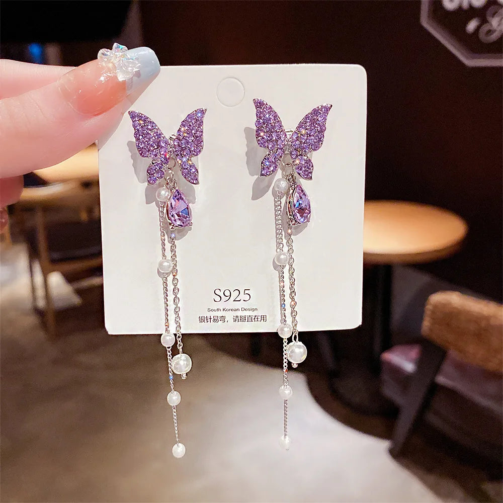 Purpule Rhinestone Butterfly Tassel Earrings for Women Imitation Pearl Beads Pendants